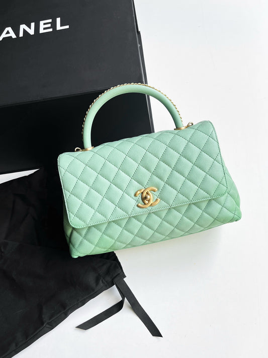 Pre-owned Chanel Coco Handle Medium Mint Caviar Leather, microchipped 2023