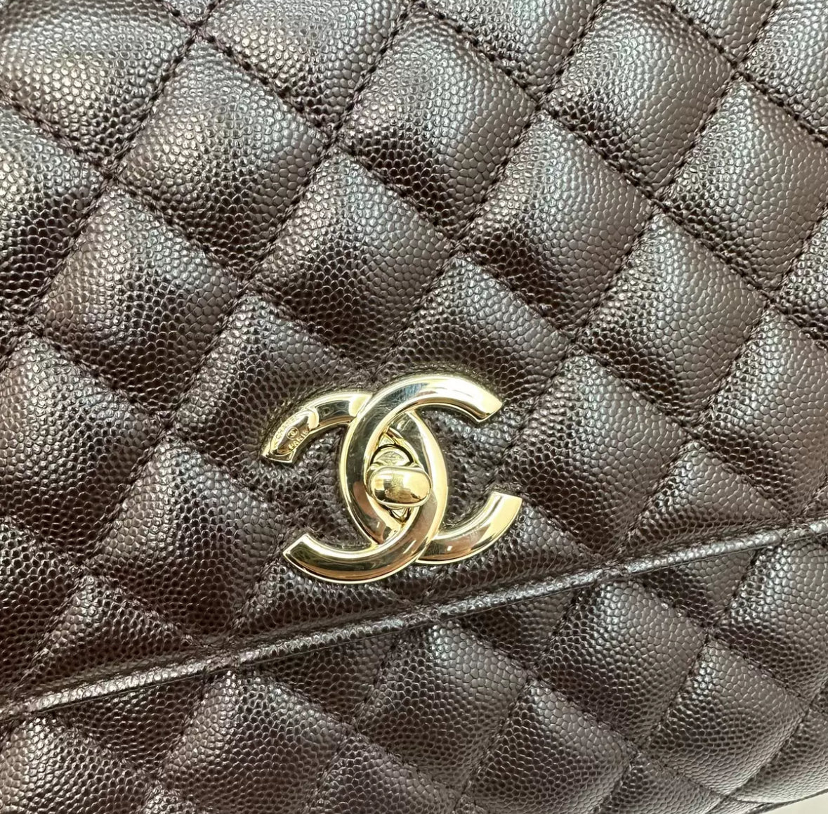 Pre-owned Certified Chanel Coco Handle Medium in Dark Brown Caviar Leather, Light Golden Hardware, Microchipped, w/ full set