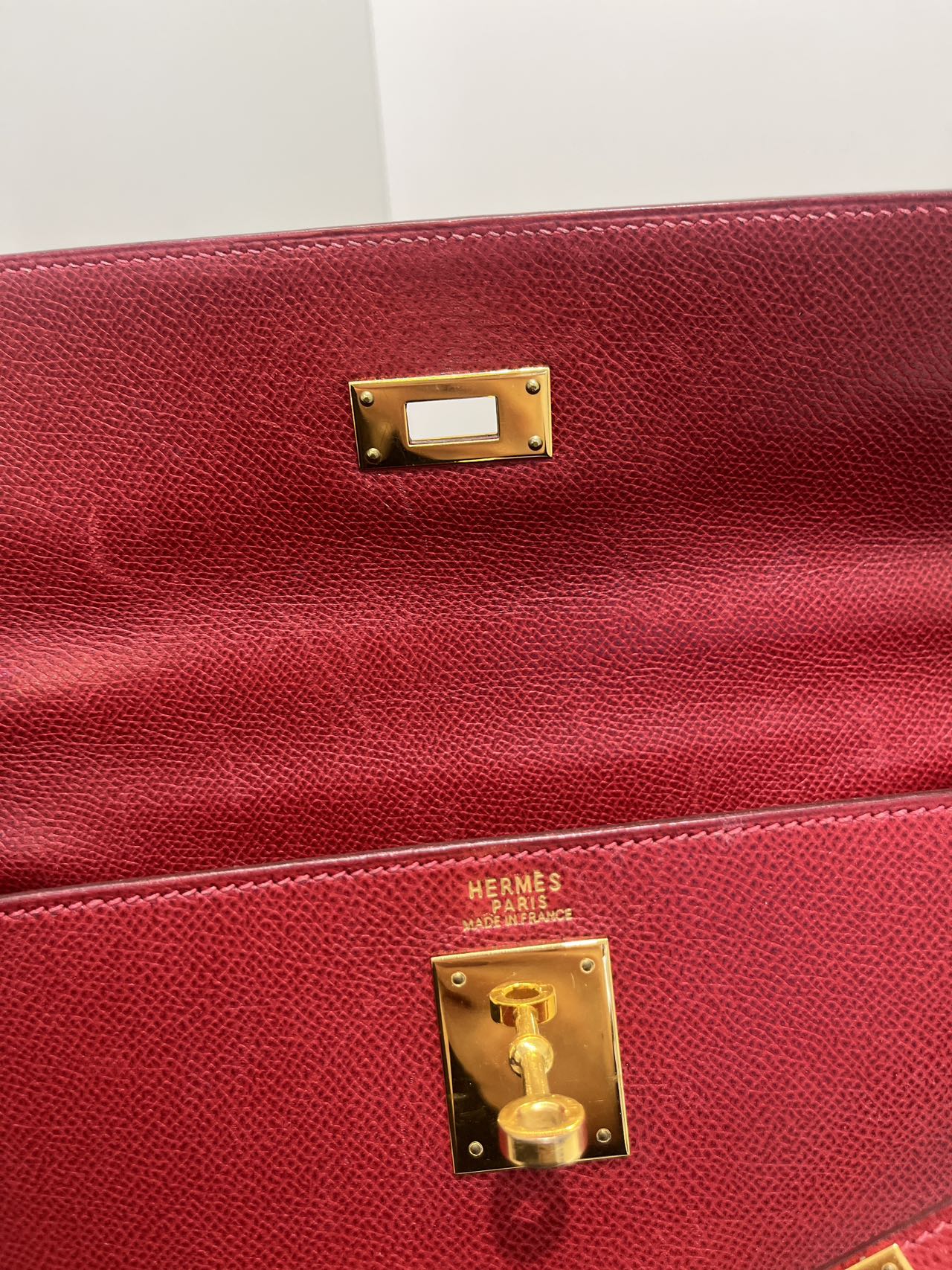 Pre-owned Vintage Hermes Kelly 32 Dark Red Epsom Leather Golden Hardware, 2003, w/ strap, lock&key