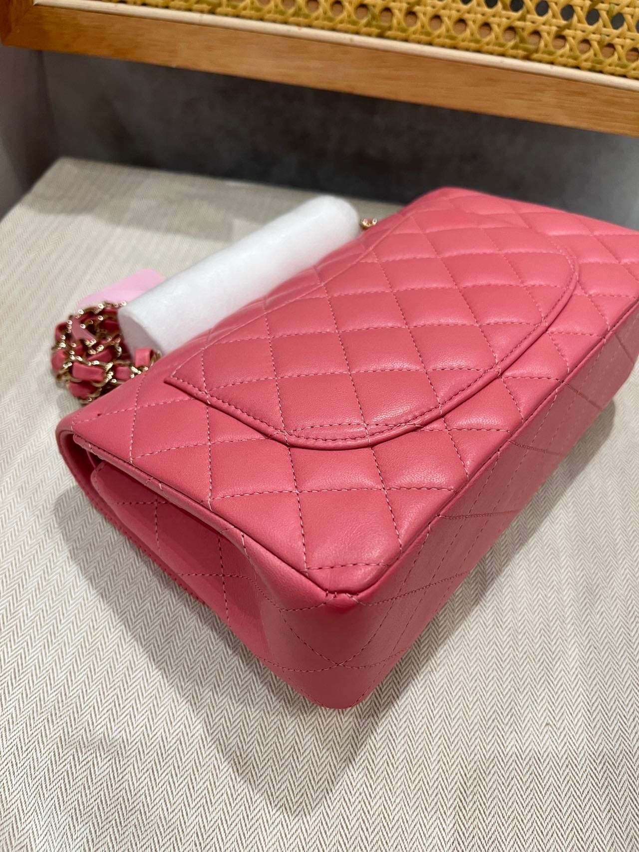 Pre-owned Certified Chanel Small CF Double Classic Flap in Pink Lambskin with Light Golden Hardware, Microchipped, w/ full set