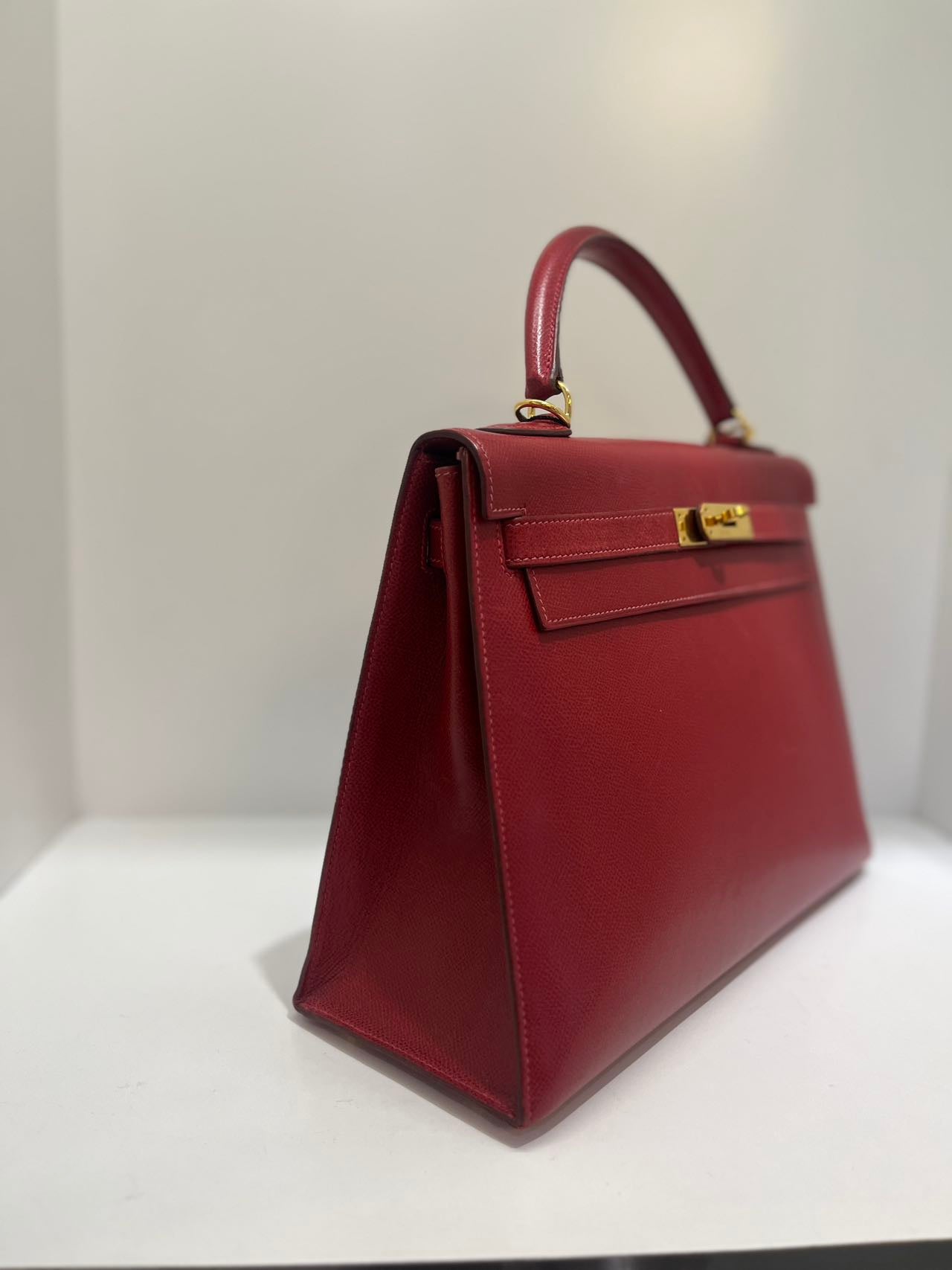 Pre-owned Vintage Hermes Kelly 32 Dark Red Epsom Leather Golden Hardware, 2003, w/ strap, lock&key