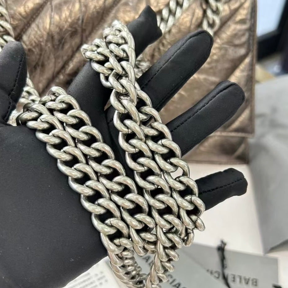 Pre-owned Certified Balenciaga Crush Chain Bag Medium Golden Metallic Quilted Calfskin, w/ tags, dust bag