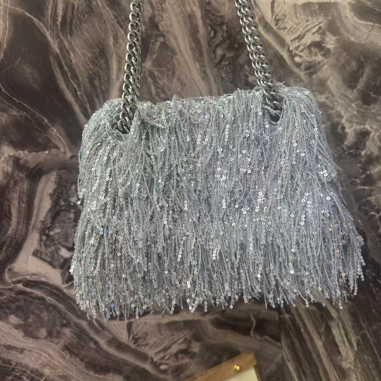 Pre-owned Certified Limited Balenciaga Hourglass Shoulder Silver Sequin Fringe with Silver Hardware, w/ dust bag