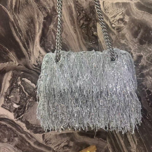 Pre-owned Certified Limited Balenciaga Hourglass Shoulder Silver Sequin Fringe with Silver Hardware, w/ dust bag