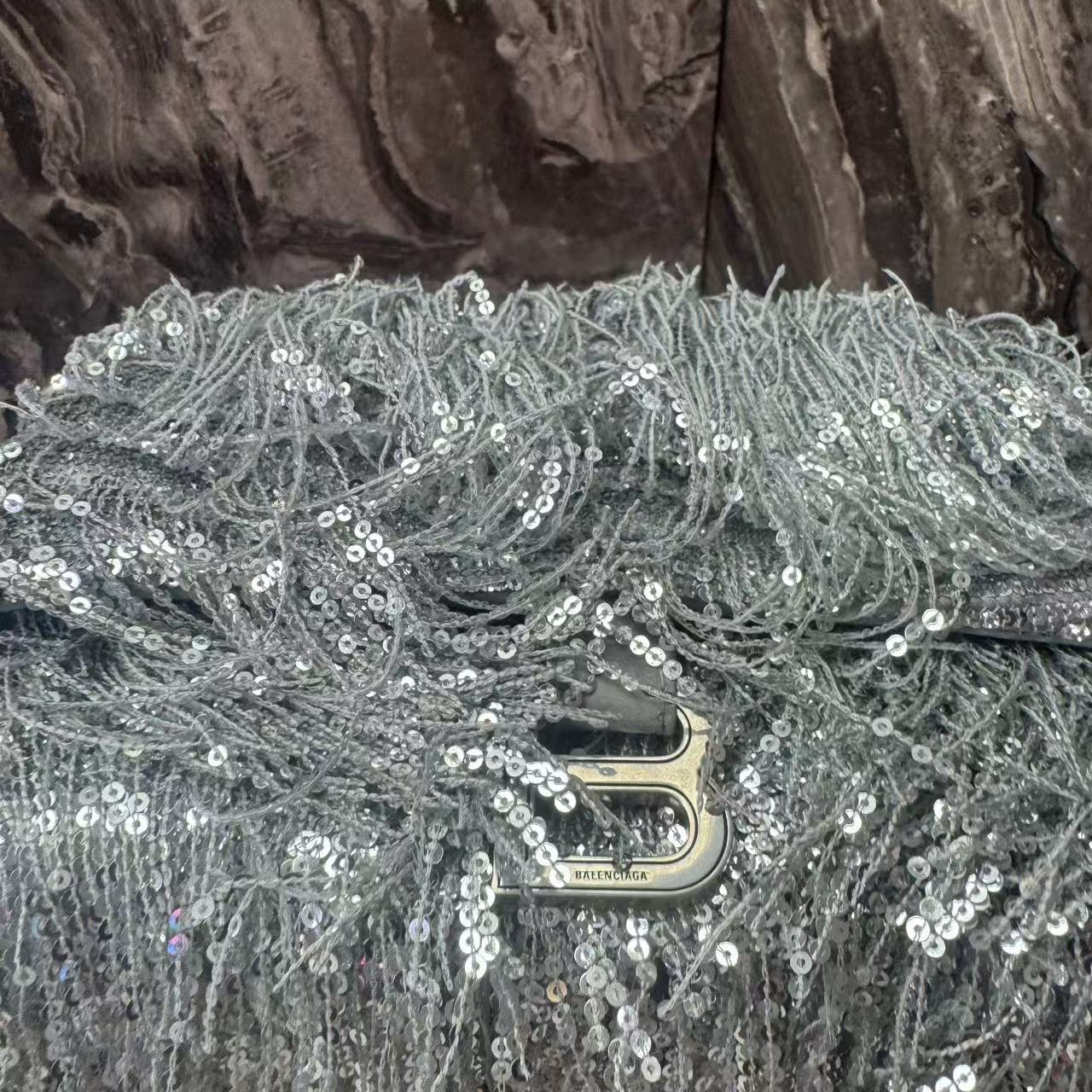 Pre-owned Certified Limited Balenciaga Hourglass Shoulder Silver Sequin Fringe with Silver Hardware, w/ dust bag