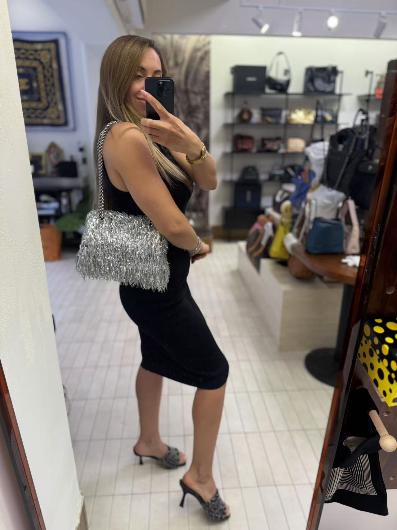 Pre-owned Certified Limited Balenciaga Hourglass Shoulder Silver Sequin Fringe with Silver Hardware, w/ dust bag