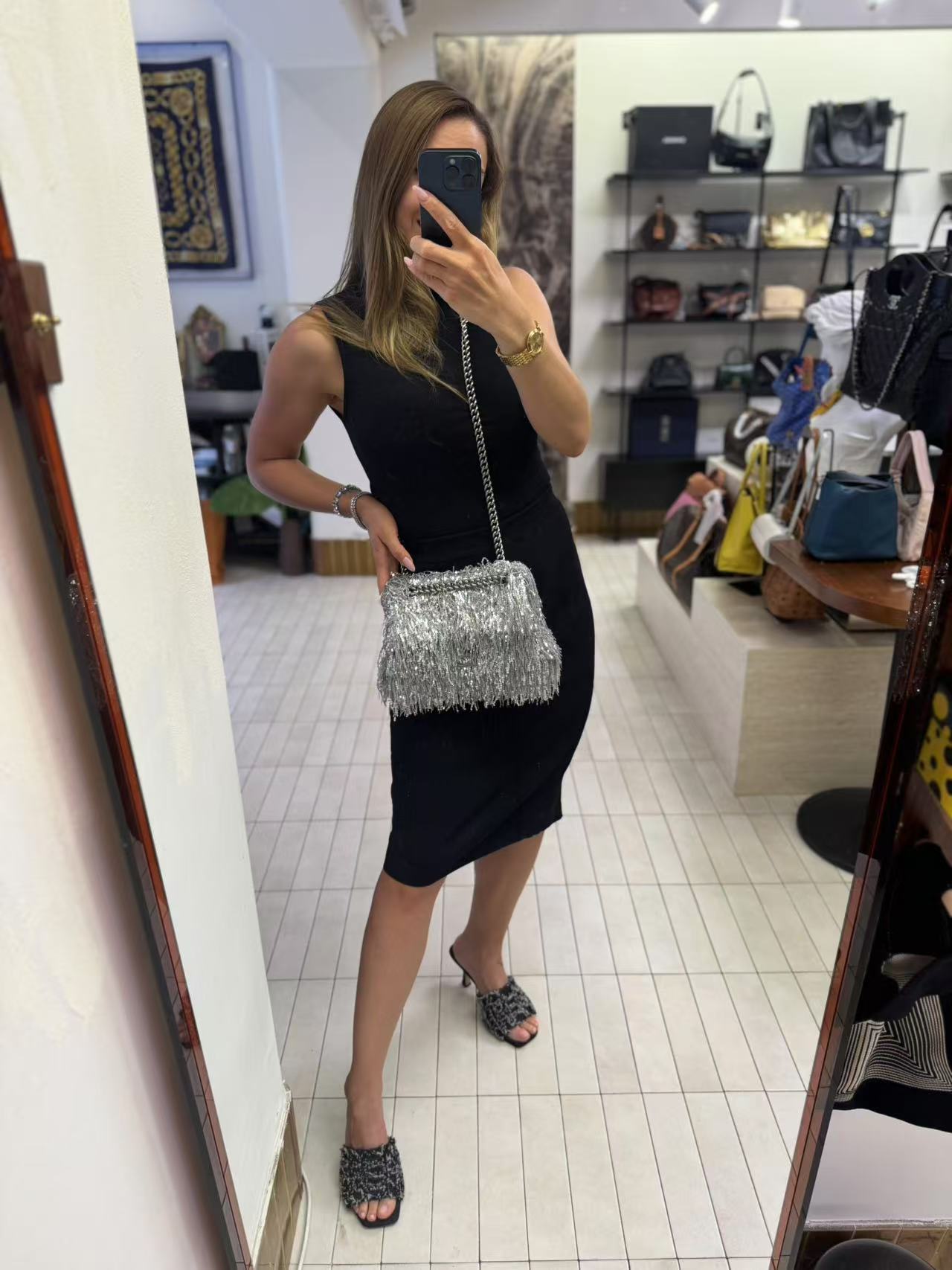 Pre-owned Certified Limited Balenciaga Hourglass Shoulder Silver Sequin Fringe with Silver Hardware, w/ dust bag