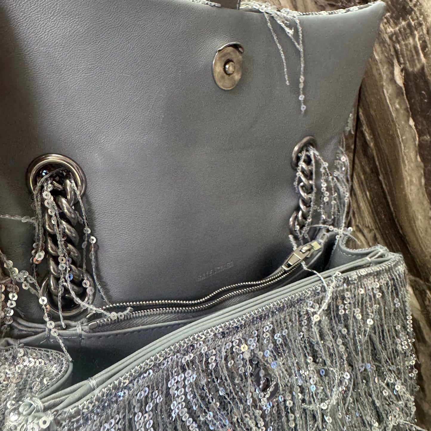 Pre-owned Certified Limited Balenciaga Hourglass Shoulder Silver Sequin Fringe with Silver Hardware, w/ dust bag