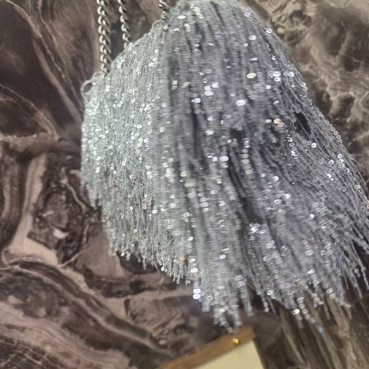 Pre-owned Certified Limited Balenciaga Hourglass Shoulder Silver Sequin Fringe with Silver Hardware, w/ dust bag