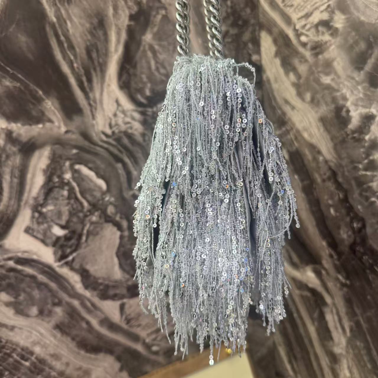 Pre-owned Certified Limited Balenciaga Hourglass Shoulder Silver Sequin Fringe with Silver Hardware, w/ dust bag