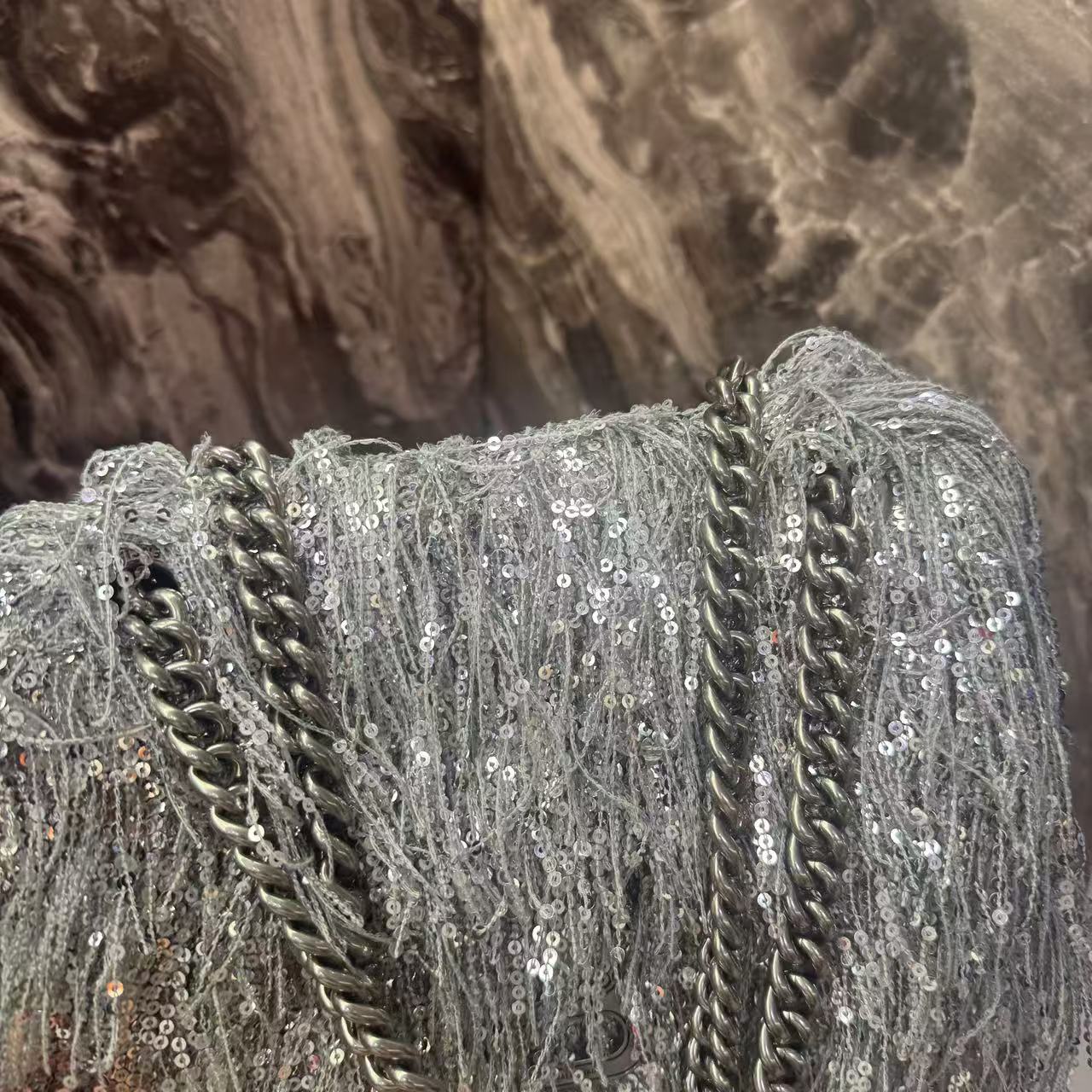Pre-owned Certified Limited Balenciaga Hourglass Shoulder Silver Sequin Fringe with Silver Hardware, w/ dust bag