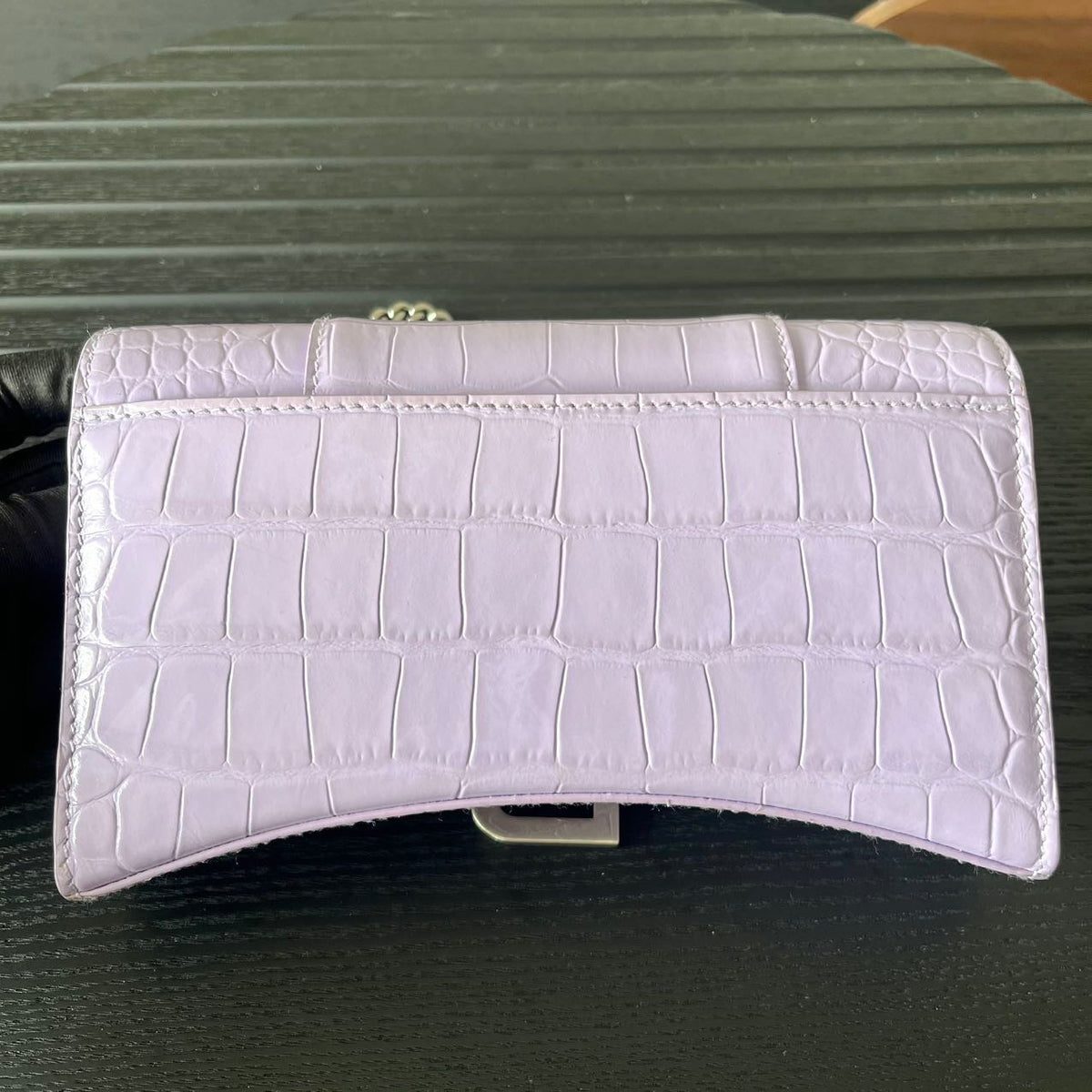 Pre-owned Certified Limited Balenciaga Hourglass Wallet on Chain in Light Purple Embossed Leather with Silver Hardware, w/ dust bag
