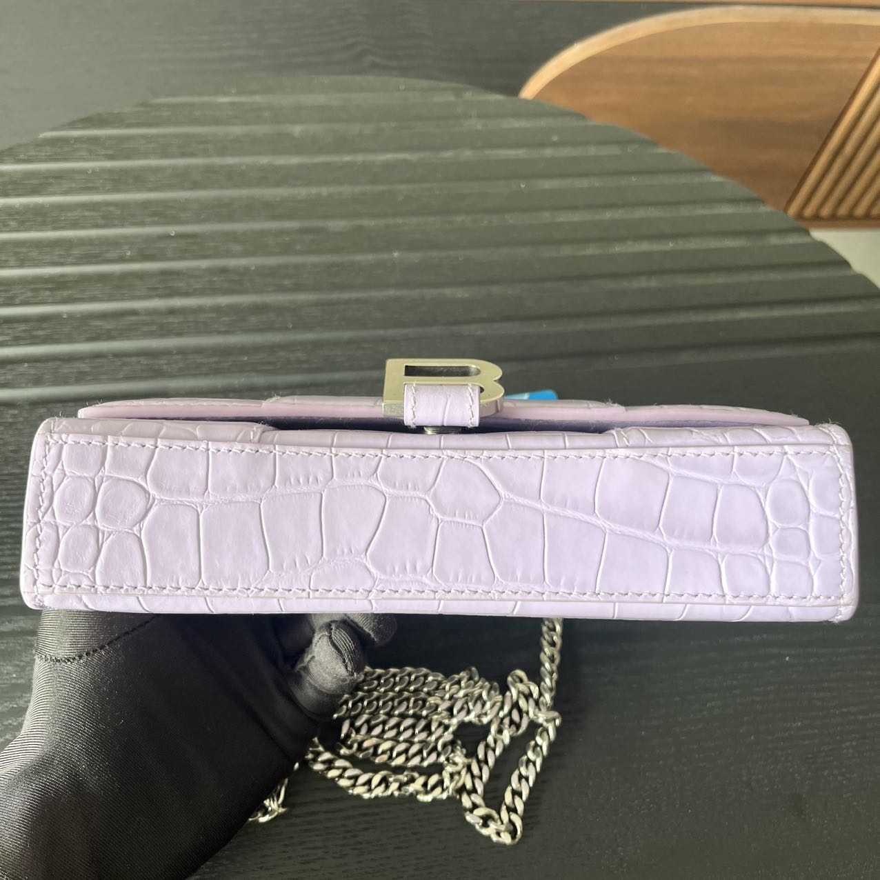 Pre-owned Certified Limited Balenciaga Hourglass Wallet on Chain in Light Purple Embossed Leather with Silver Hardware, w/ dust bag