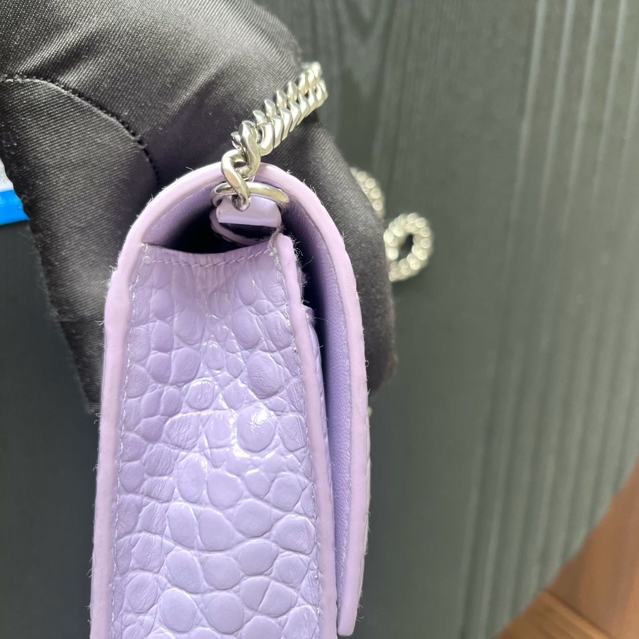 Pre-owned Certified Limited Balenciaga Hourglass Wallet on Chain in Light Purple Embossed Leather with Silver Hardware, w/ dust bag