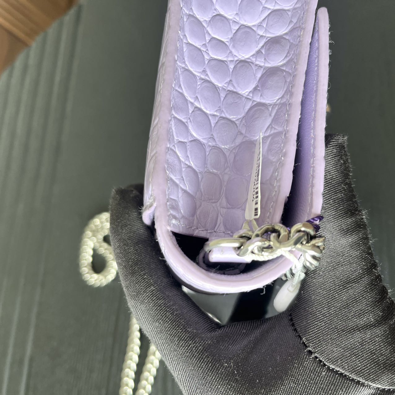 Pre-owned Certified Limited Balenciaga Hourglass Wallet on Chain in Light Purple Embossed Leather with Silver Hardware, w/ dust bag