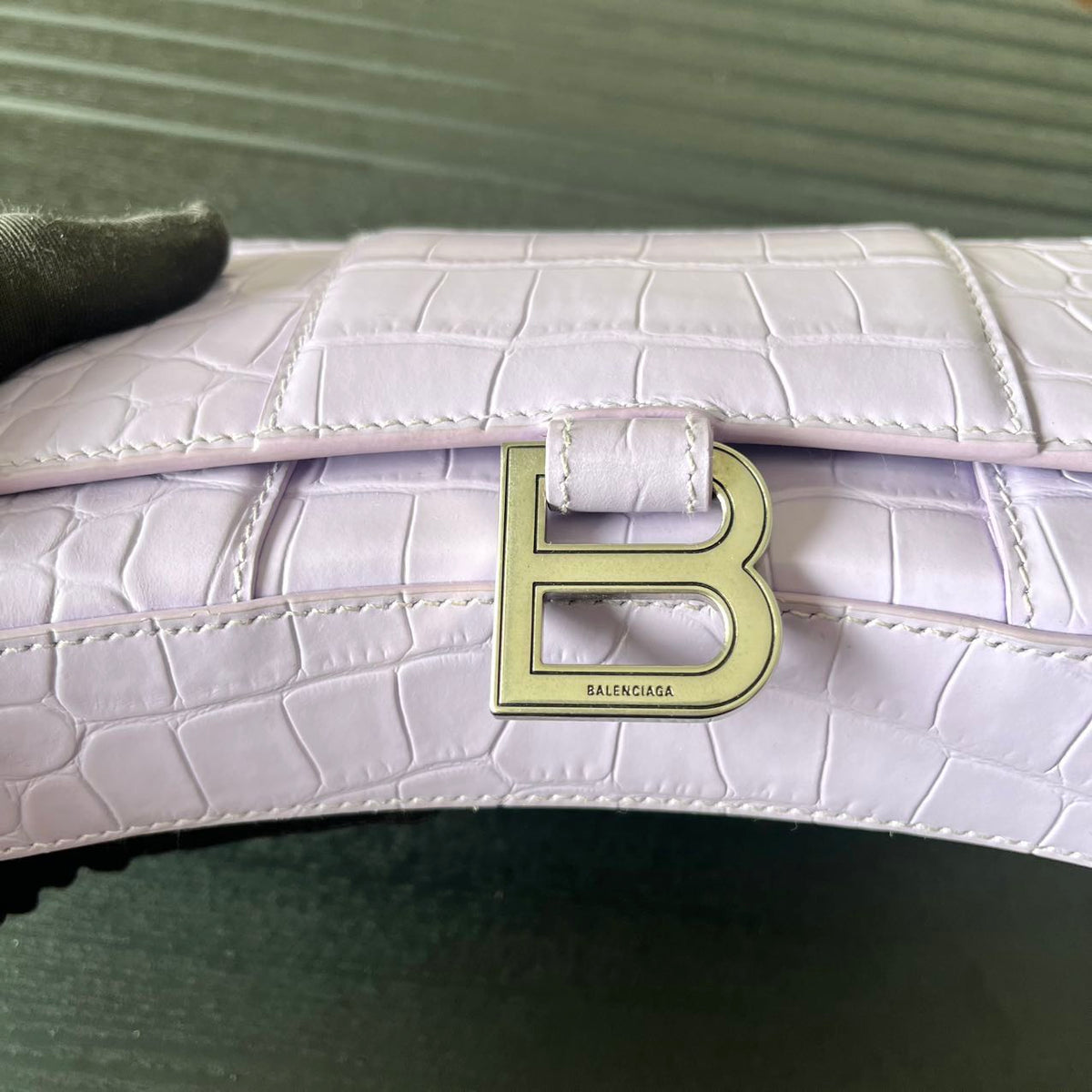 Pre-owned Certified Limited Balenciaga Hourglass Wallet on Chain in Light Purple Embossed Leather with Silver Hardware, w/ dust bag