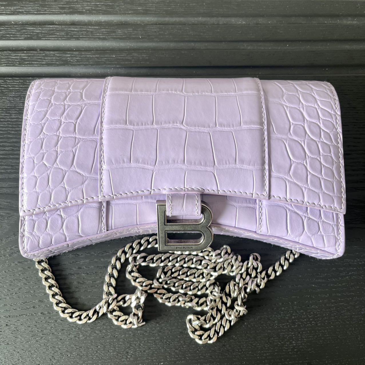 Pre-owned Certified Limited Balenciaga Hourglass Wallet on Chain in Light Purple Embossed Leather with Silver Hardware, w/ dust bag