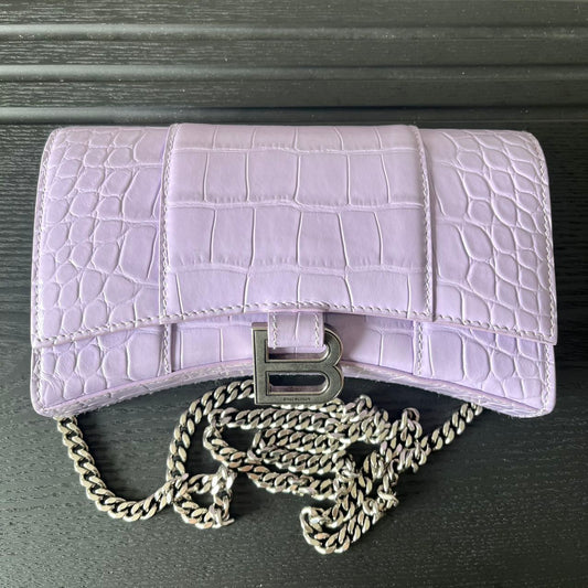 Pre-owned Certified Limited Balenciaga Hourglass Wallet on Chain in Light Purple Embossed Leather with Silver Hardware, w/ dust bag