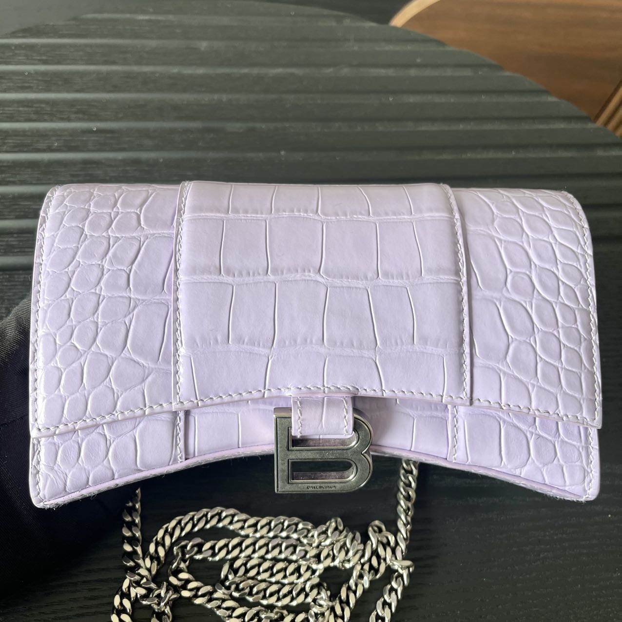 Pre-owned Certified Limited Balenciaga Hourglass Wallet on Chain in Light Purple Embossed Leather with Silver Hardware, w/ dust bag