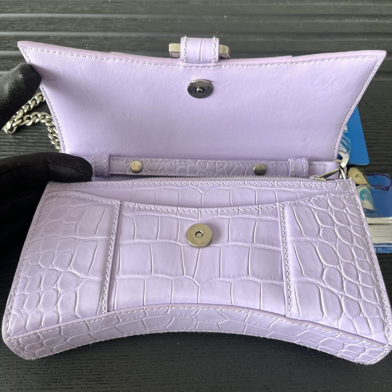 Pre-owned Certified Limited Balenciaga Hourglass Wallet on Chain in Light Purple Embossed Leather with Silver Hardware, w/ dust bag
