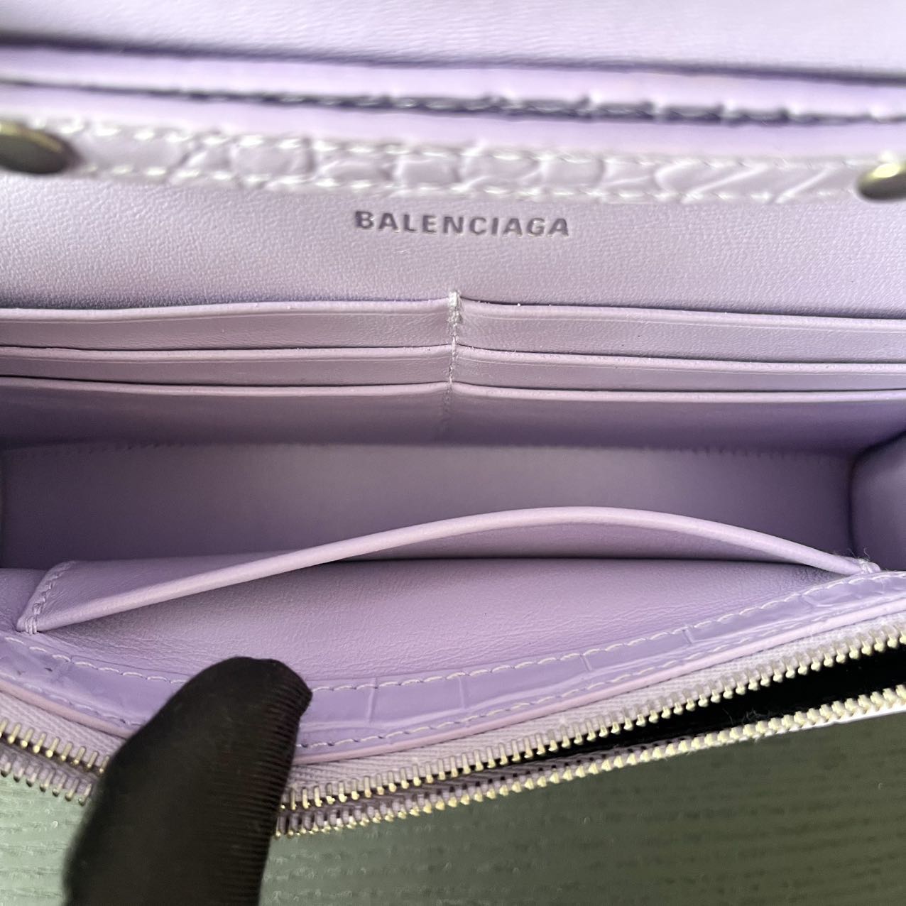 Pre-owned Certified Limited Balenciaga Hourglass Wallet on Chain in Light Purple Embossed Leather with Silver Hardware, w/ dust bag