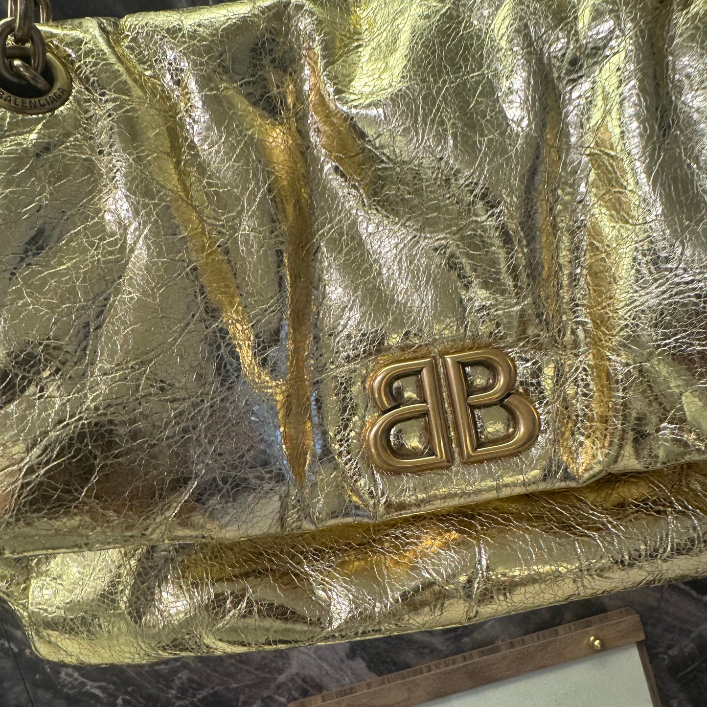 Pre-owned Certified Balenciaga Monaco Golden Metallic Calfskin Golden Hardware, w/ dust bag