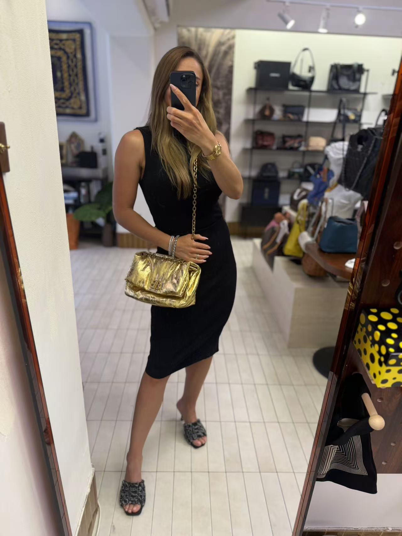 Pre-owned Certified Balenciaga Monaco Golden Metallic Calfskin Golden Hardware, w/ dust bag