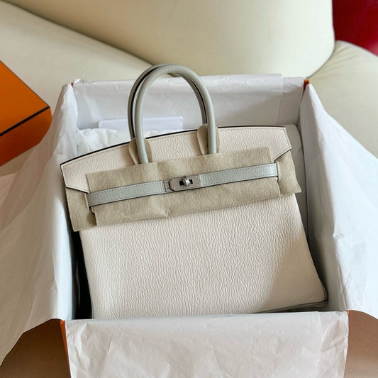 Pre-owned Certified Special Order Hermes Birkin 25 Bi-colored Nata with Gris Perle Chevre with Brushed Silver Hardware, 2023, Full Set