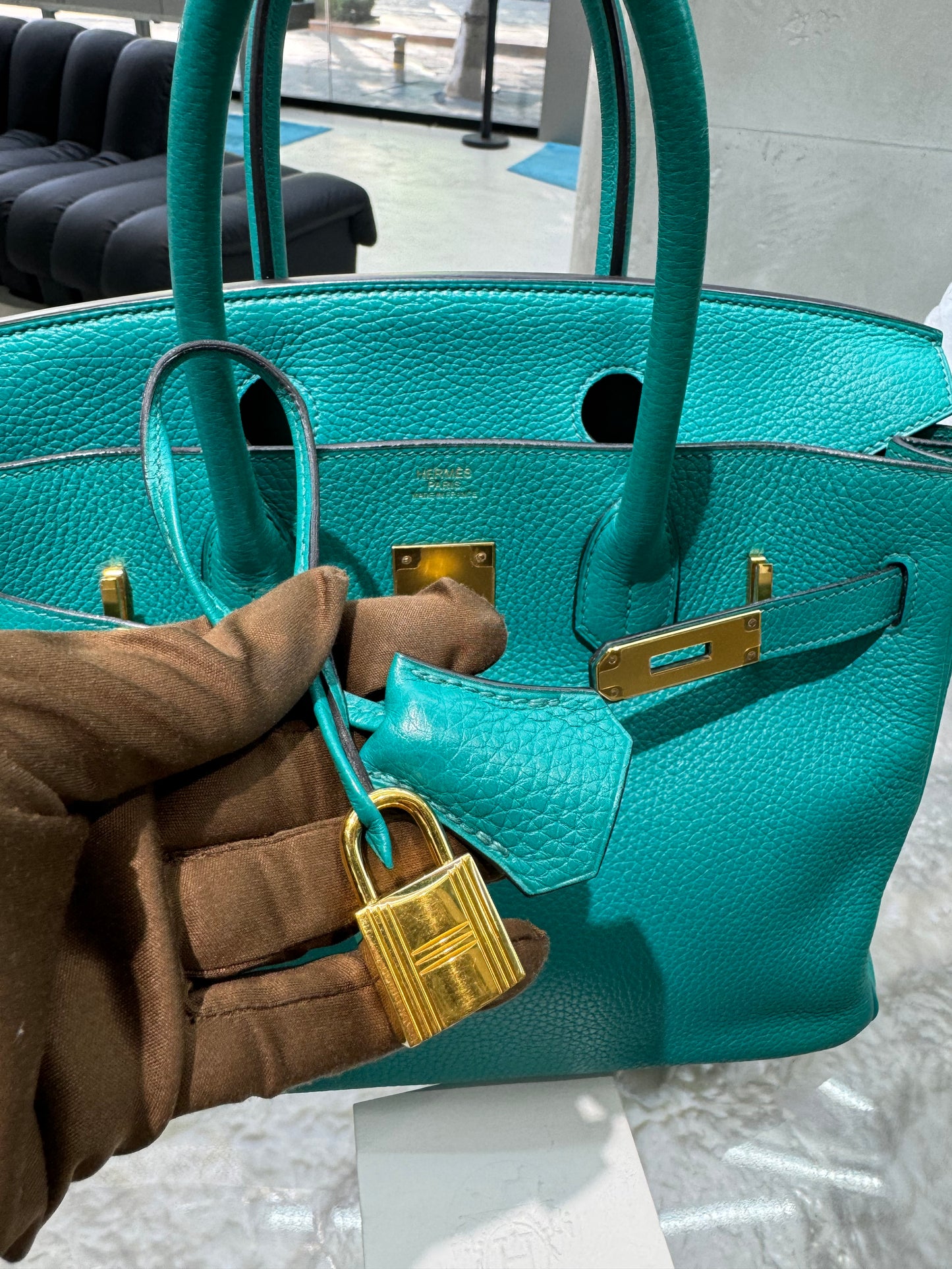 Pre-owned Hermes Birkin 30 Malachite Togo Golden Hardware, 2017, w/ lock&key, dust bag