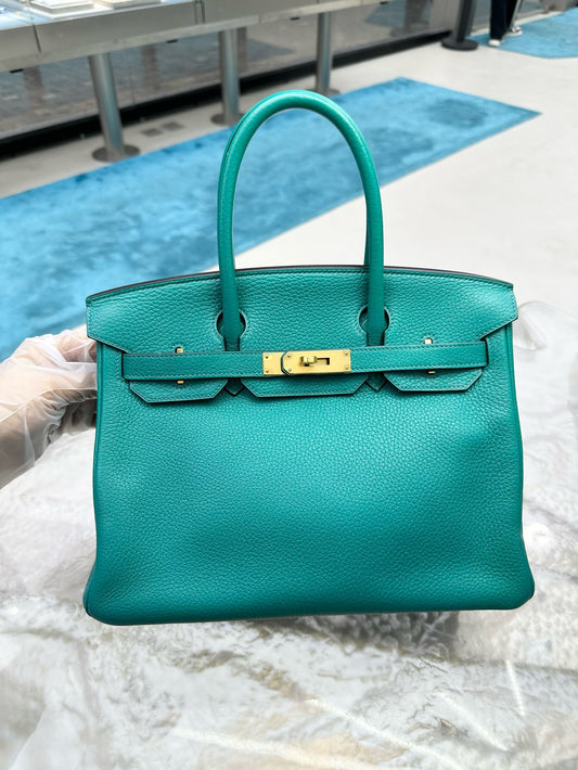 Pre-owned Hermes Birkin 30 Malachite Togo Golden Hardware, 2017, w/ lock&key, dust bag