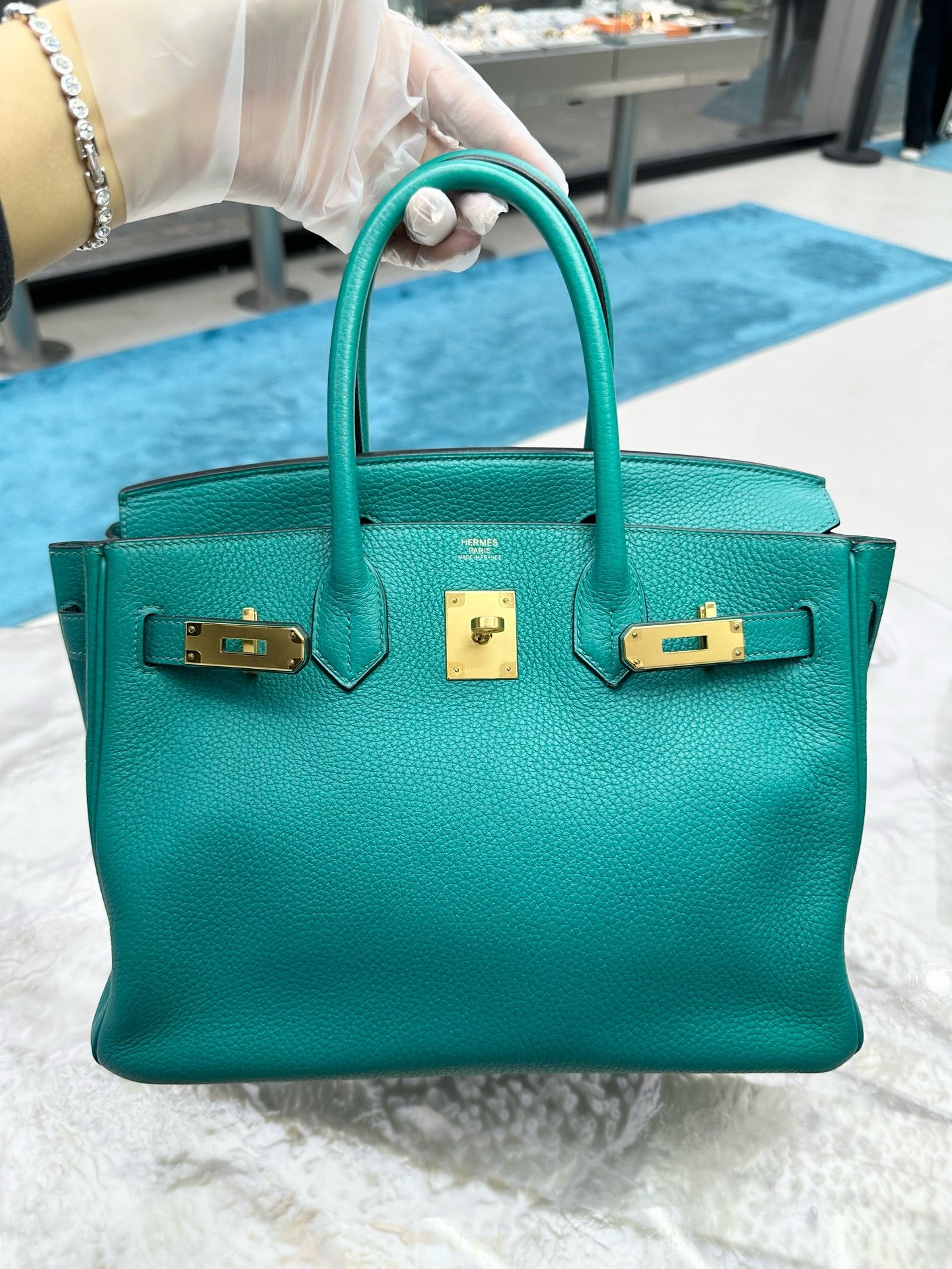 Pre-owned Hermes Birkin 30 Malachite Togo Golden Hardware, 2017, w/ lock&key, dust bag