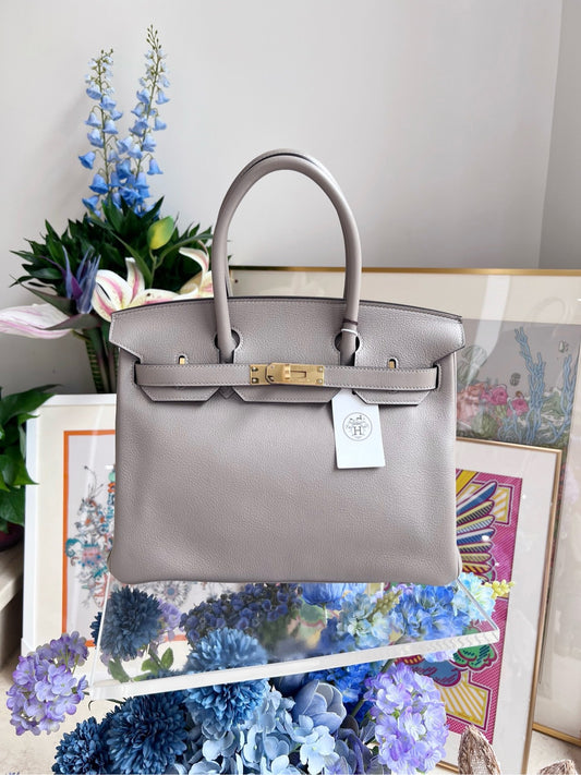 Pre-owned Certified Hermes Birkin 30 Taurillon Novillo Leather M8 Gris Asphalt with Golden Hardware, 2020, w/ dust bag, lock&key, rain coat