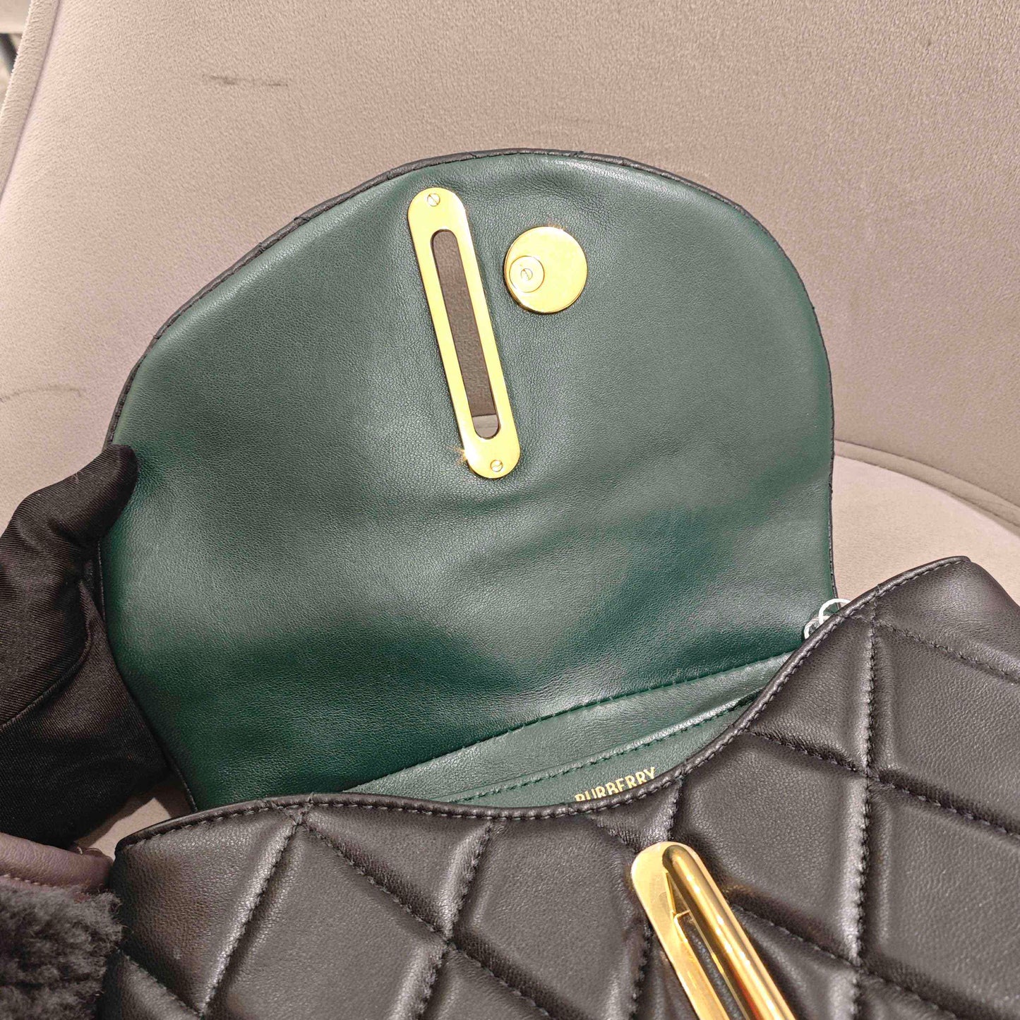 Pre-owned Certified Burberry Rocking Horse in Black Diamond Quilted Lambskin with Golden Hardware, w/ Burberry dust bag