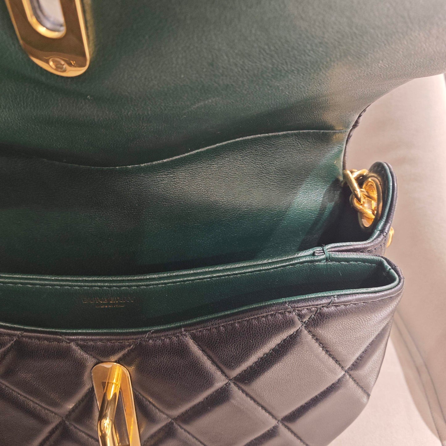 Pre-owned Certified Burberry Rocking Horse in Black Diamond Quilted Lambskin with Golden Hardware, w/ Burberry dust bag