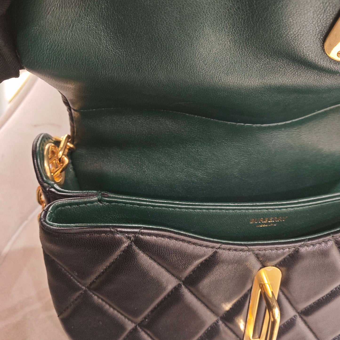 Pre-owned Certified Burberry Rocking Horse in Black Diamond Quilted Lambskin with Golden Hardware, w/ Burberry dust bag