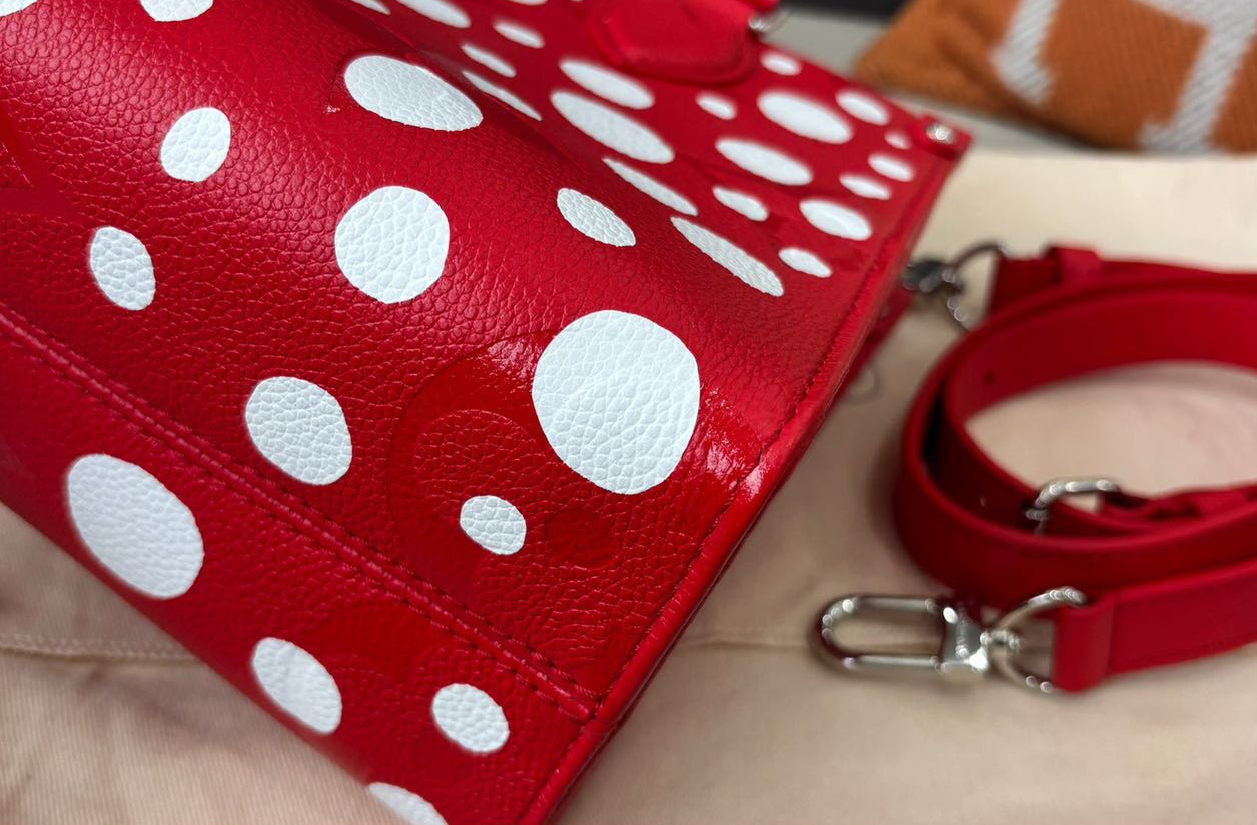 Pre-owned Certified LV Louis Vuitton x Yayoi Kusama OnTheGo PM in Red Monogram Empreinte Leather, 2023, w/ Pumpkin Charm, Dust Bag