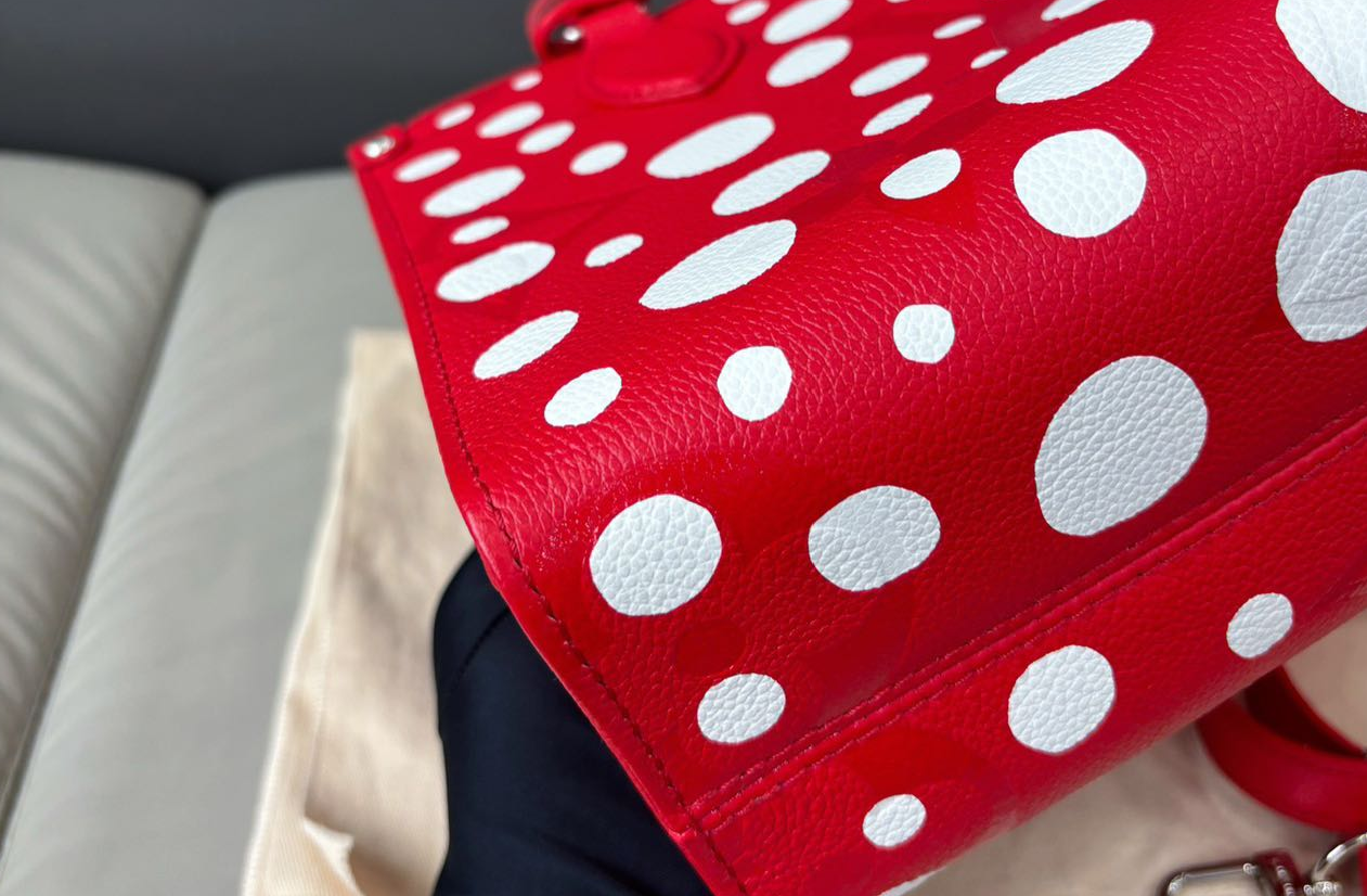 Pre-owned Certified LV Louis Vuitton x Yayoi Kusama OnTheGo PM in Red Monogram Empreinte Leather, 2023, w/ Pumpkin Charm, Dust Bag