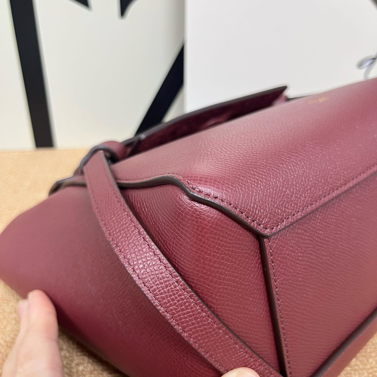 Pre-owned Certified Celine Micro Belt Bag in Burgundy Grained Calfskin with Golden Hardware, 2018, w/ strap