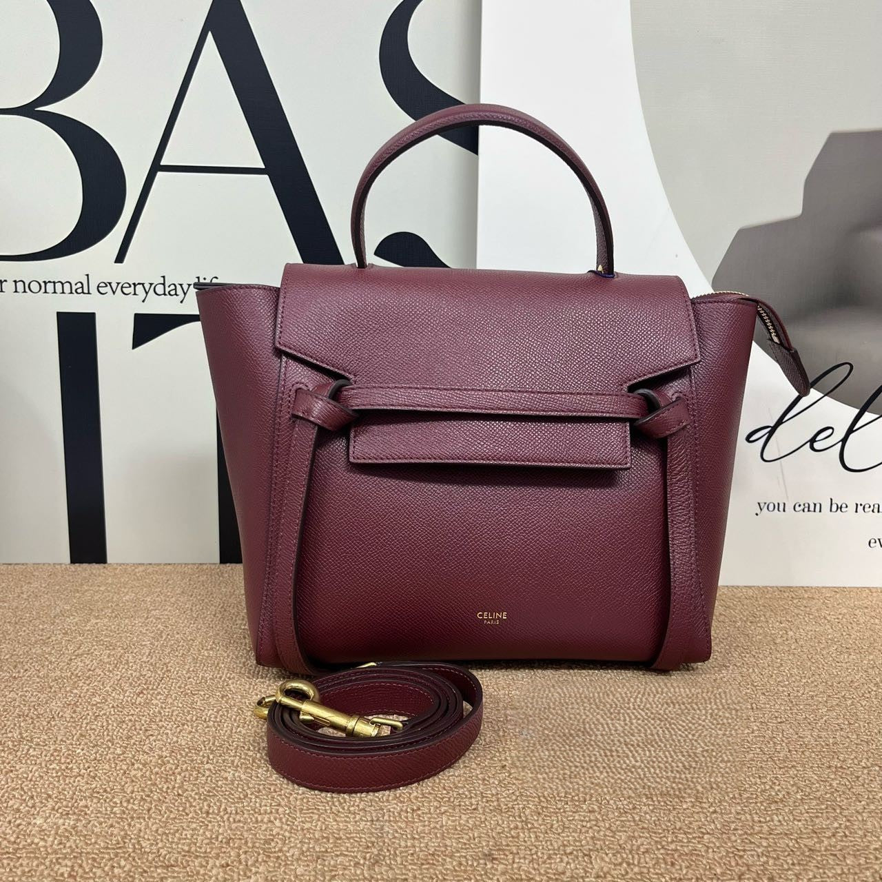Pre-owned Certified Celine Micro Belt Bag in Burgundy Grained Calfskin with Golden Hardware, 2018, w/ strap