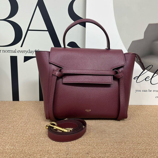Pre-owned Certified Celine Micro Belt Bag in Burgundy Grained Calfskin with Golden Hardware, 2018, w/ strap