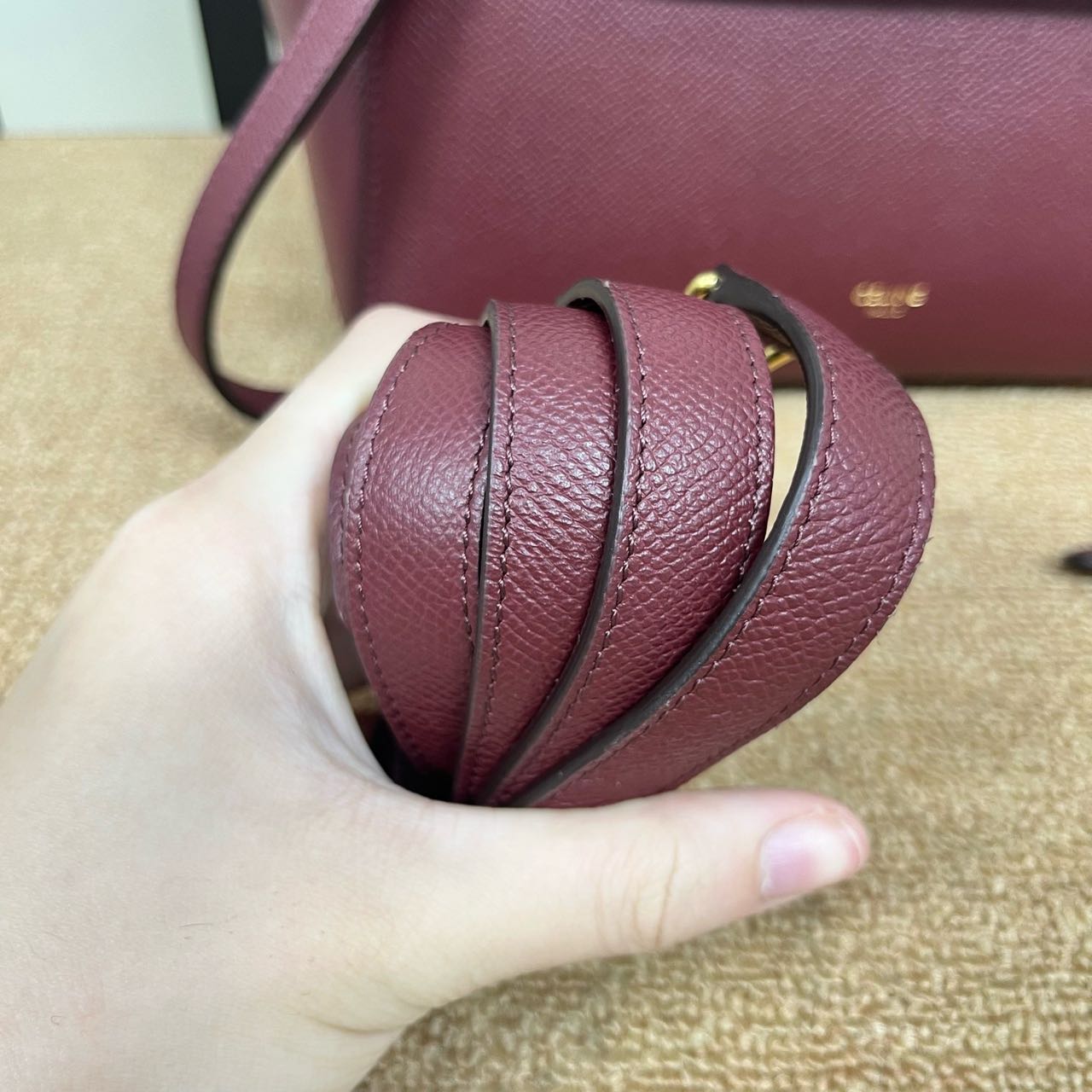 Pre-owned Certified Celine Micro Belt Bag in Burgundy Grained Calfskin with Golden Hardware, 2018, w/ strap