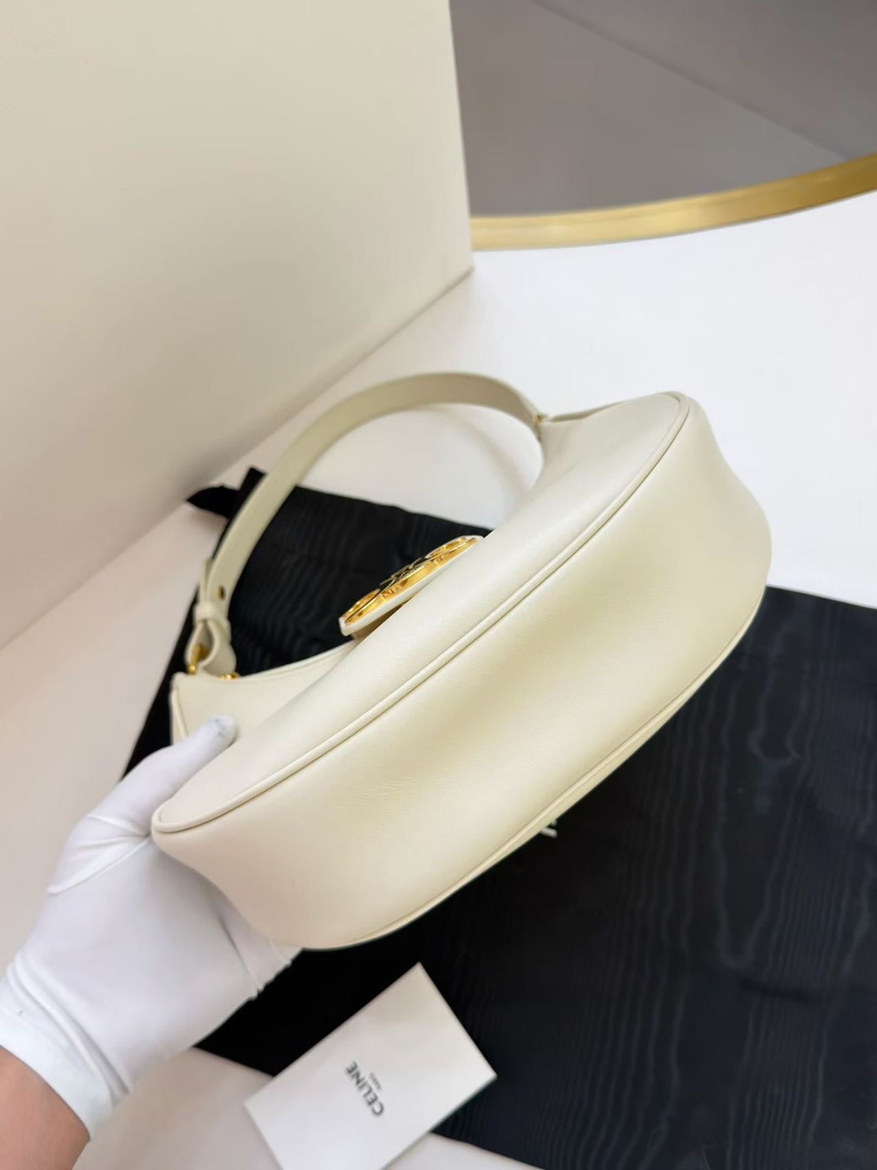 Pre-owned Certified Celine Medium Ava Triomphe Bag in White Calfskin with Golden Hardware, w/ dust bag