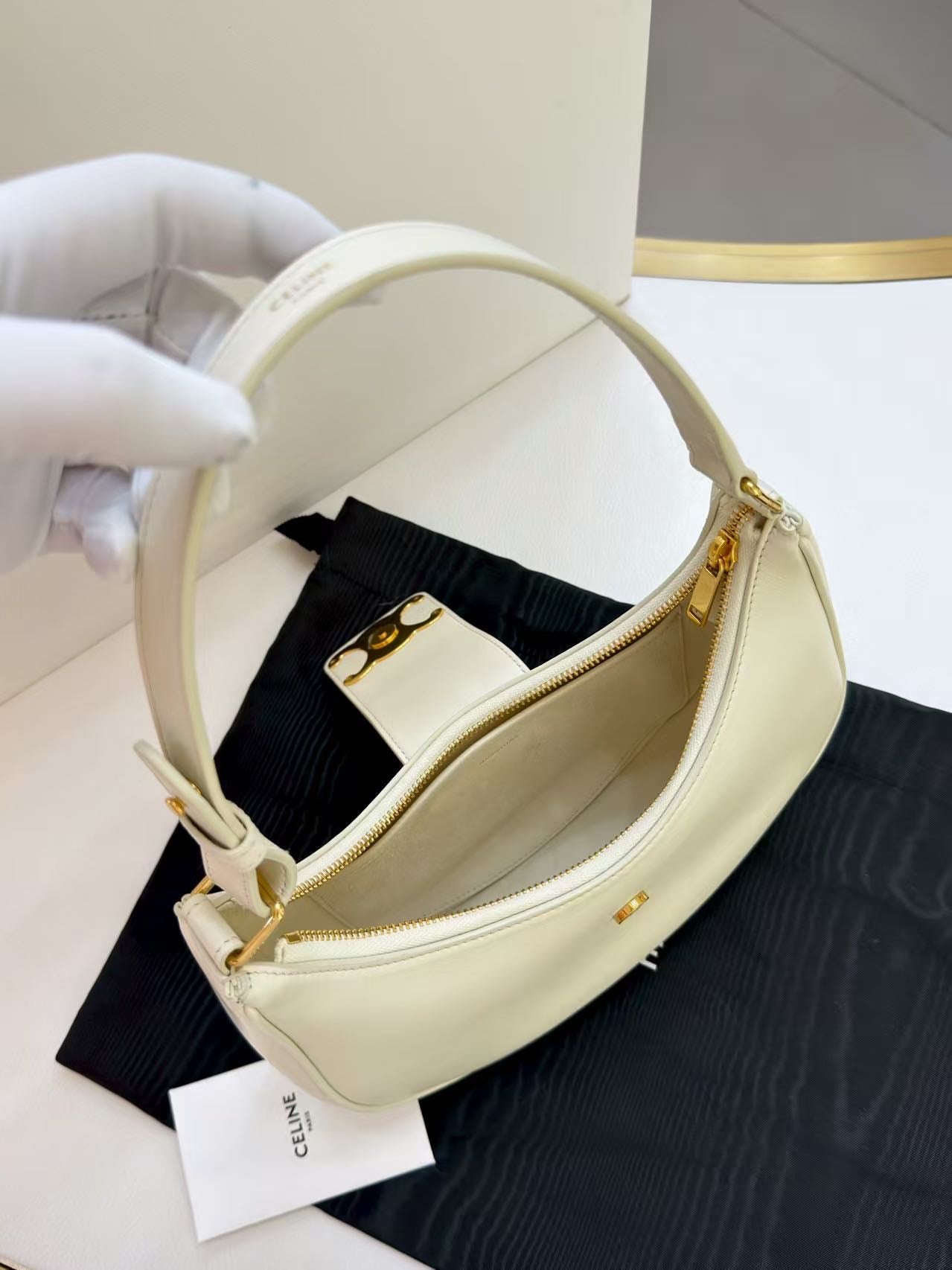 Pre-owned Certified Celine Medium Ava Triomphe Bag in White Calfskin with Golden Hardware, w/ dust bag