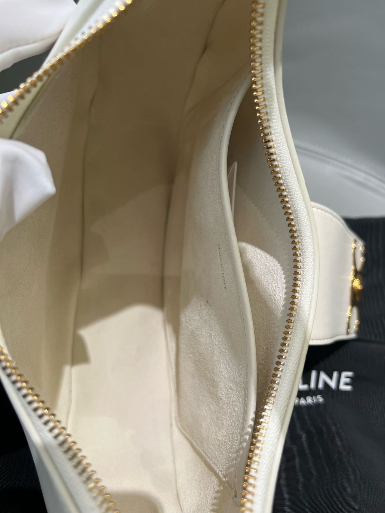 Pre-owned Certified Celine Medium Ava Triomphe Bag in White Calfskin with Golden Hardware, w/ dust bag