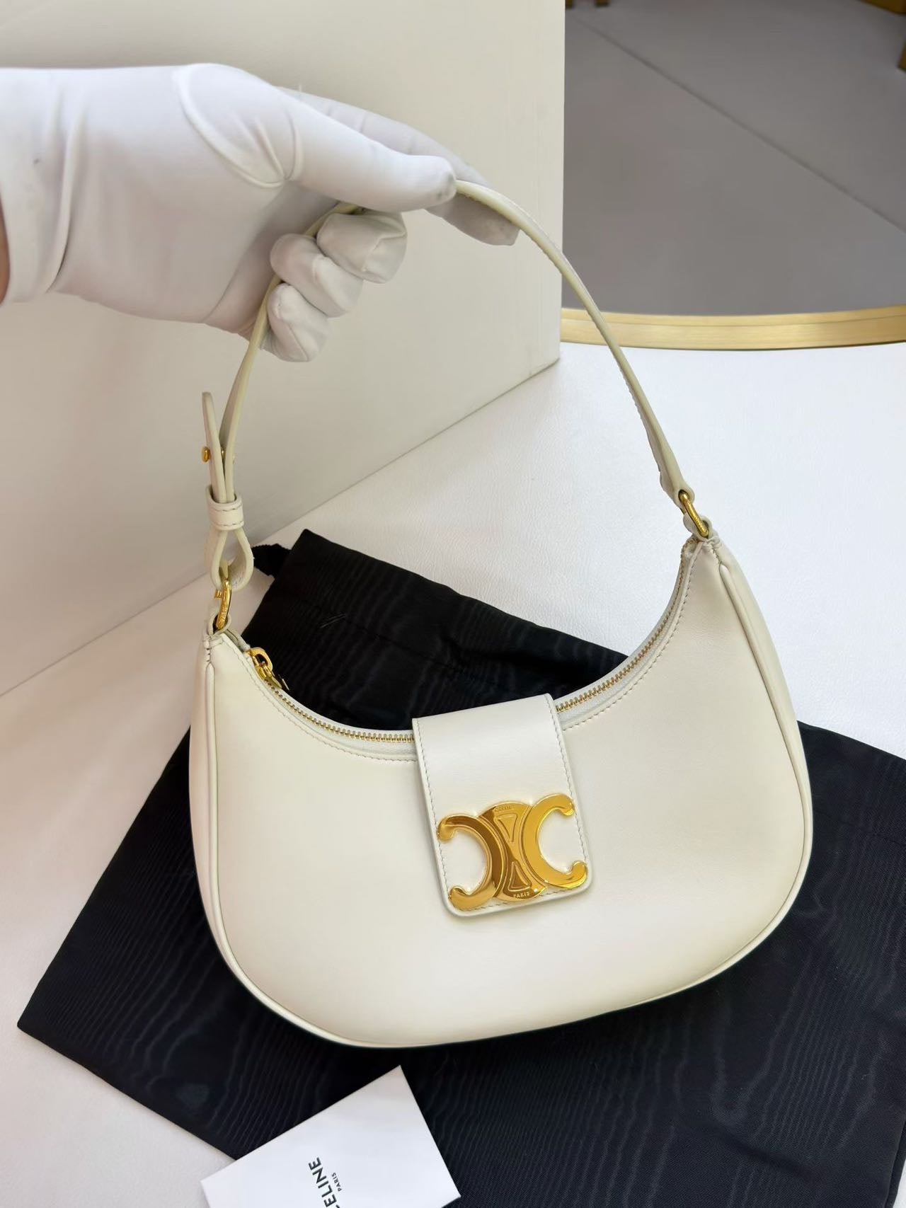 Pre-owned Certified Celine Medium Ava Triomphe Bag in White Calfskin with Golden Hardware, w/ dust bag