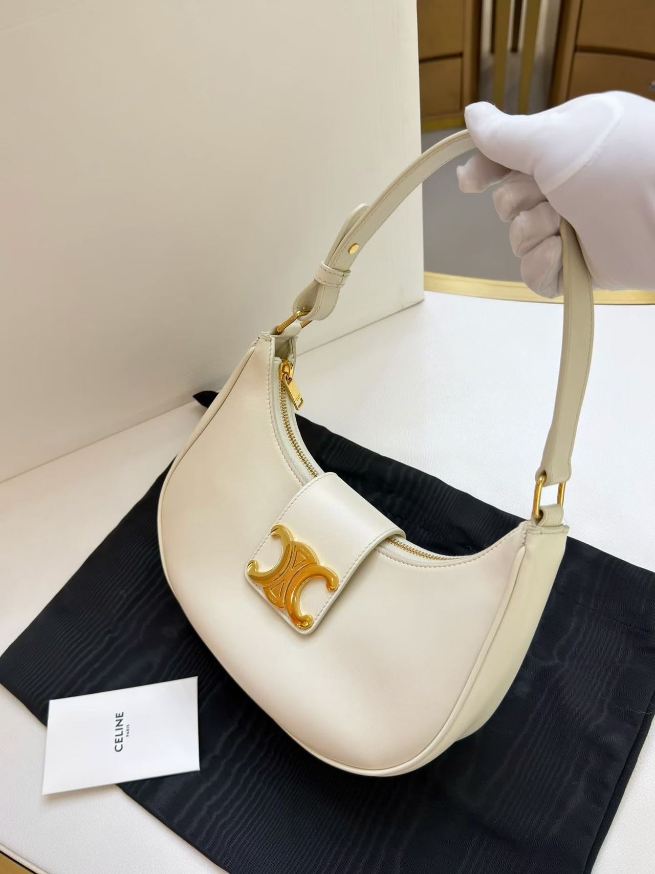 Pre-owned Certified Celine Medium Ava Triomphe Bag in White Calfskin with Golden Hardware, w/ dust bag