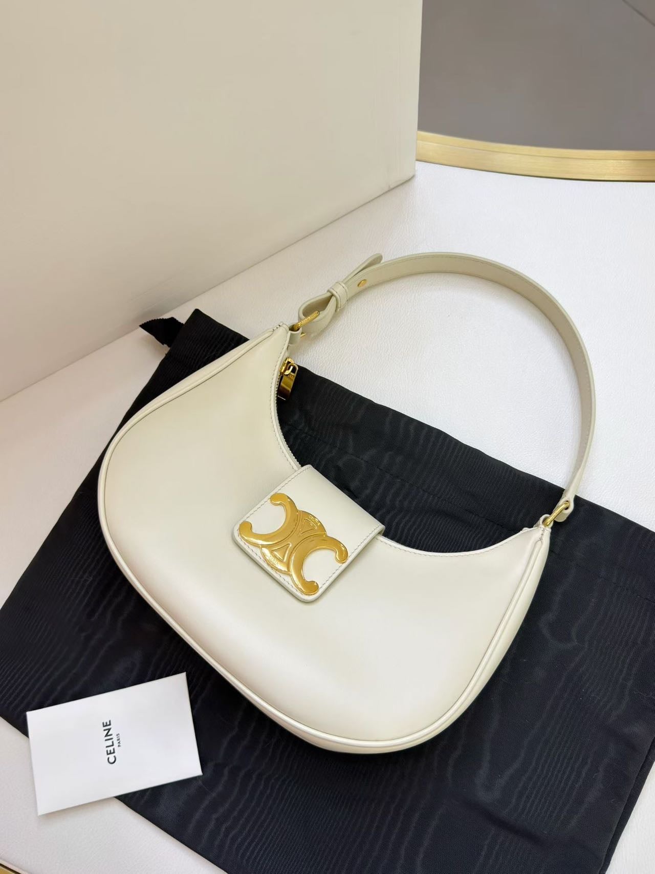 Pre-owned Certified Celine Medium Ava Triomphe Bag in White Calfskin with Golden Hardware, w/ dust bag