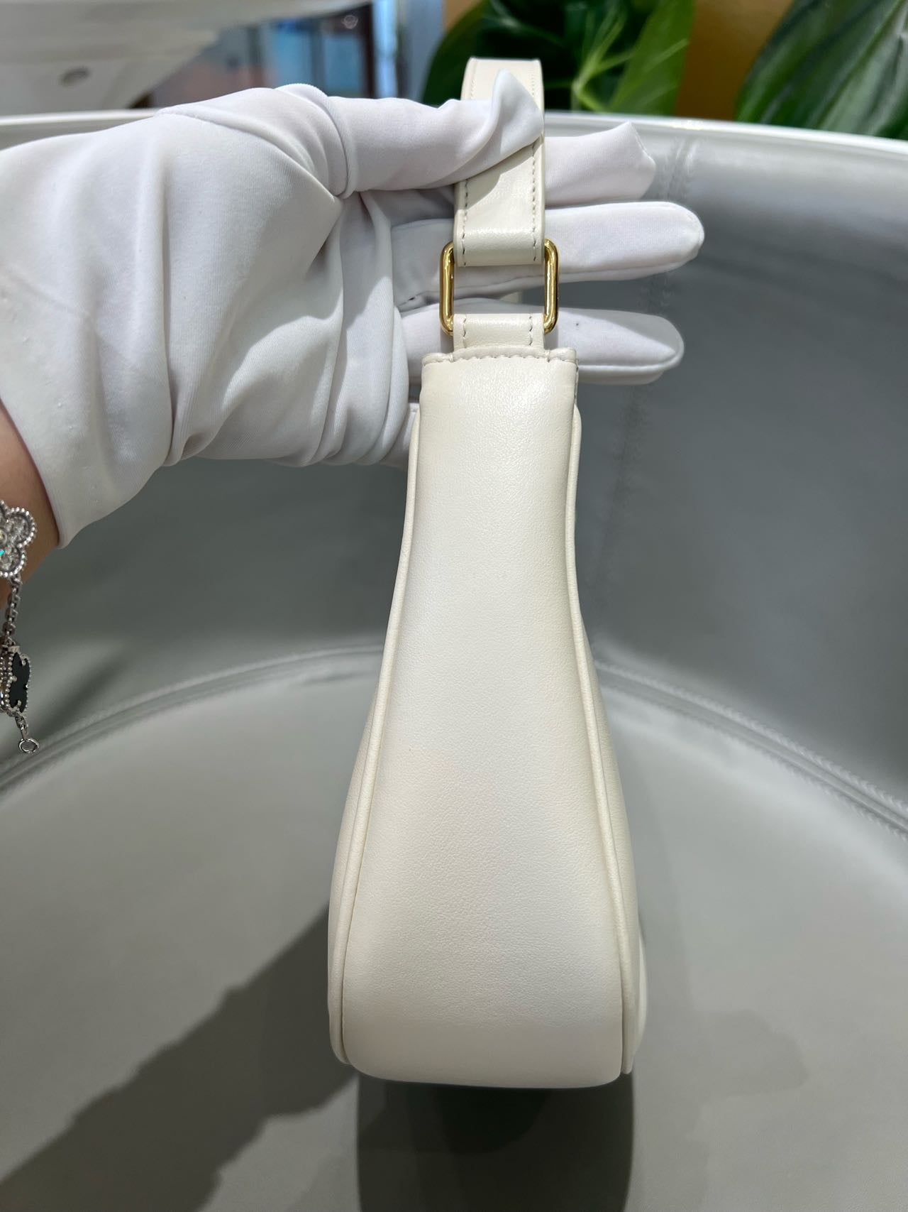 Pre-owned Certified Celine Medium Ava Triomphe Bag in White Calfskin with Golden Hardware, w/ dust bag