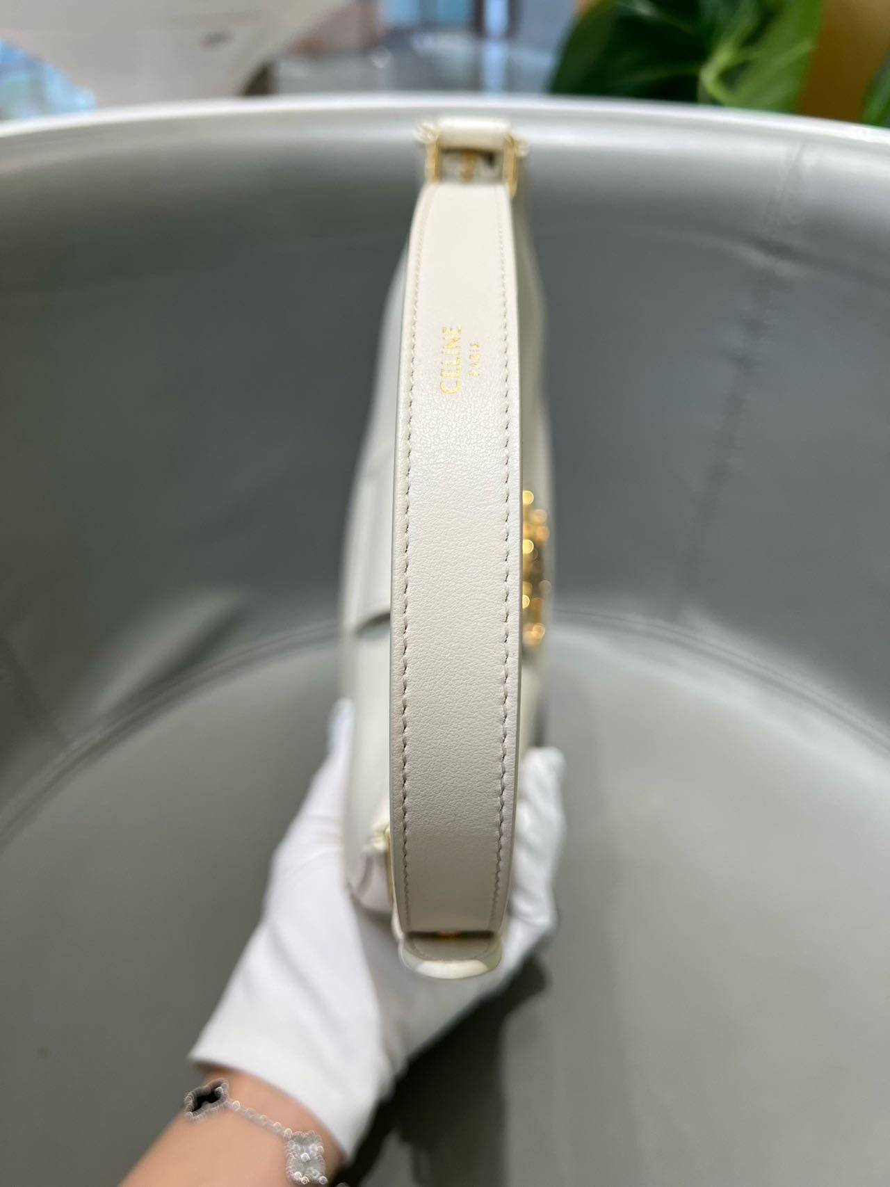 Pre-owned Certified Celine Medium Ava Triomphe Bag in White Calfskin with Golden Hardware, w/ dust bag