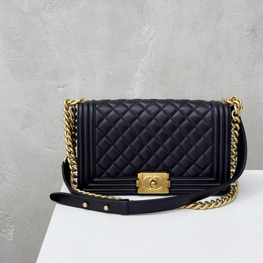 Pre-owned Certified Chanel Medium Boy Bag in Black Calfskin with Golden Hardware, 2022 Microchipped, w/ full set